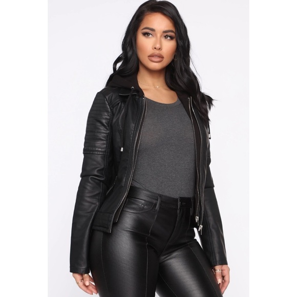 Black PU leather jacket double zipper closure hooded size s - Picture 3 of 7